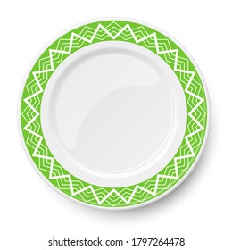 Grüne Vektorplatte mit weißem geometrischem Muster einzeln auf weißem Hintergrund