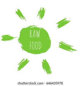 Green Vector raw food and sun. For logo, healthy food illustrations, restaurant, badges, tags, cafe, packaging. Vegan icons.