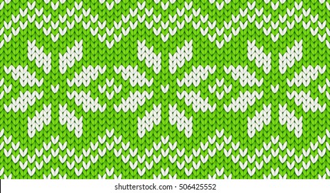 Green vector realistic knit seamless pattern with white snowflakes and zig zag ornament
