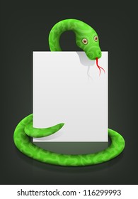 Green vector realistic snake with white empty paper.