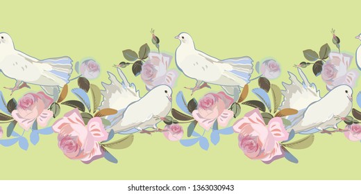 Green vector repeat bordern with vintage pink rose and realistic dove. Valentine & wedding pattern.