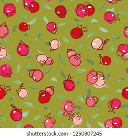 Green vector repeat pattern big rose buds and dots. Christmas. Surface pattern design.
