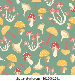 Green vector repeat pattern with colorful mushroom