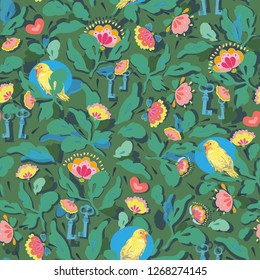Green vector repeat pattern with flower and bird. Folk art flowers. Surface pattern design.