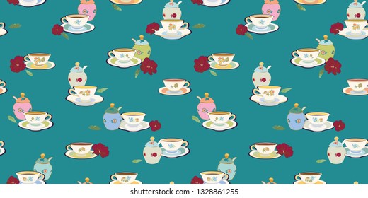 Green vector repeat pattern with historic tea cup, sugar bowl and flower. Pastel colors. Romatic high tea.