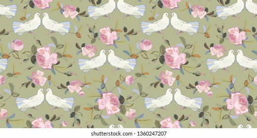 Green vector repeat pattern with vintage pink rose and realistic dove. Valentine & wedding pattern.