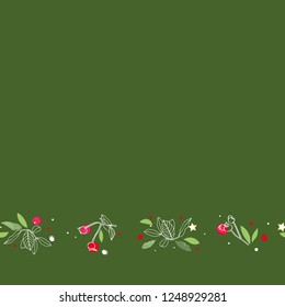 Green vector repeat pattern with white line art, rose plant, buds, dots and stars. Christmas pattern. Surface pattern design.