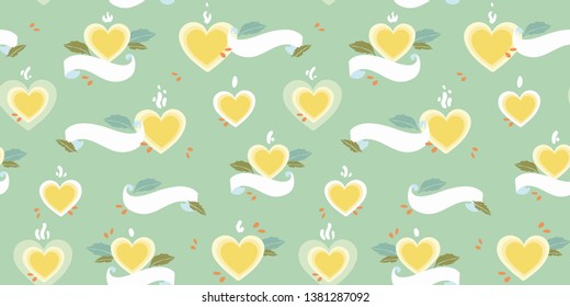 Green vector repeat pattern with yellow heart,and white banner. Retro look. Mothers day.