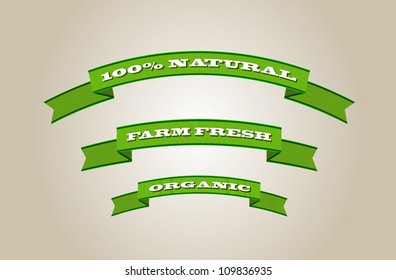 Green vector ribbon tags collection - 100% natural, farm fresh, organic