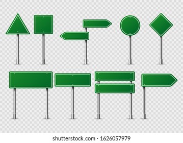 Green vector road traffic signs. Road board text panel, mockup signage direction highway city signpost location street arrow way vector set Blank traffic label. Warning caution, attention, stop banner