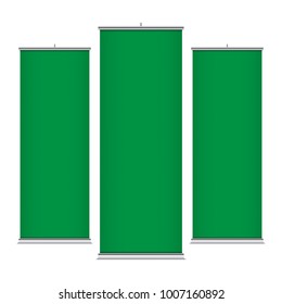 Green vector roll-up banners, isolated on a white background. Vertical banner templates.
