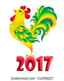 Green vector rooster in cartoon style - symbol of Chinese New Year, standing on red 2017 number