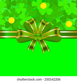 Green vector Saint Patrick's Day greeting card with sign and ribbon