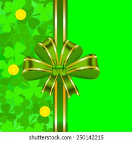 Green vector Saint Patrick's Day greeting card with sign and ribbon