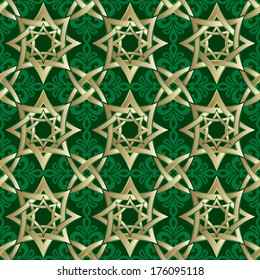 green vector seamless background with gold Muslim ornament
