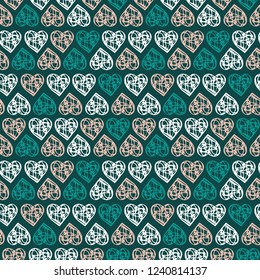 Green vector seamless pattern with colorful hearts. Glitter abstract illustration with colorful lace hearts in romantic style. Pattern for carnival, festival romantic leaflets.
