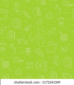 Green vector seamless pattern of Ecology, Environmental and Recycle with linear icons. Contains such Icons as  Car Battery, Earth Environment, Eco Bag, Electric Car, Energy Efficiency, Energy Saving