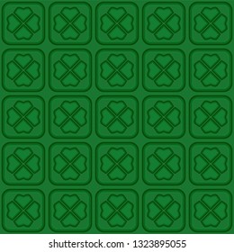 Green vector seamless pattern with four leaf clover. St. Patricks Day background. Vector illustration