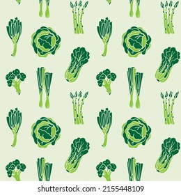 Green vector seamless pattern of greens for salad in flat style: onion, leek, broccoli, asparagus, cabbage, lettuce
