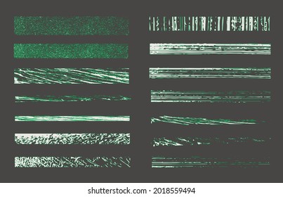 Green vector set of chalk seamless strokes. Crayon brush doodle grainy texture.Ink art brushes. Hand drawn grunge lines on chalkboard background. Artistic pen watercolor brushstroke drawing