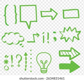 Green Vector set of highlight markers, swirl lines and arrows, Emphasis shapes and heart doodles with hand drawn strokes, Abstract sketchy elements for text, marks, stripes and strokes.