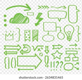 Green Vector set of highlight markers, swirl lines and arrows, Emphasis shapes and heart doodles with hand drawn strokes, Abstract sketchy elements for text, marks, stripes and strokes.