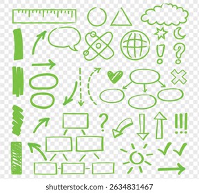 Green Vector set of highlight markers, swirl lines and arrows, Emphasis shapes and heart doodles with hand drawn strokes, Abstract sketchy elements for text, marks, stripes and strokes.