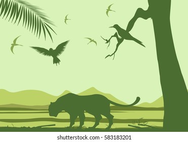 Green vector silhouettes of wildlife, animals birds, grass