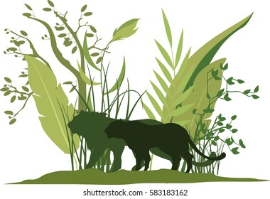 Green vector silhouettes of wildlife, lions in grass