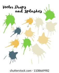Green Vector Splashes Hand Painted Watercolor Splatter. Indian Holi Color Festival, Paint Burst, Water Splash. Green Holi Paint Splats, Vector Paintbrush Doodle. Texture Funky Graffiti Smears, Button.