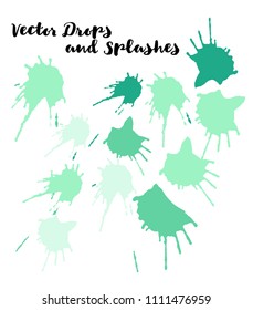 Green Vector Splashes, Hand Painted Watercolor Bang. Indian Holi Color Festival, Paint Burst, Explosion. Green Holi Paint Splats, Vector Paintbrush Smears. Bright Funky Graffiti Smears, Buttons.