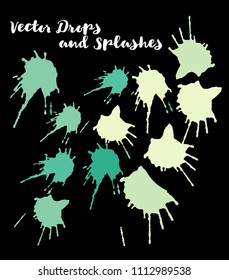 Green Vector Splashes, Hand Painted Watercolor Spots. Indian Holi Festival Elements, Paint Burst, Explosion. Green Holi Paint Splats, Vector Hand Painted Doodle. Uneven Texture Graffiti Smears, Button