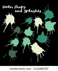Green Vector Splashes, Hand Painted Watercolor Drops. Indian Holi Color Festival, Paint Burst, Water Splash. Green Holi Paint Splash, Vector Craft Logo Element. Uneven Texture Graffiti Stains, Button