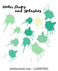 Green Vector Splashes, Hand Painted Watercolor Bang. Indian Holi Festival Elements, Paint Burst, Explosion. Green Holi Paint Splatter, Vector Paintbrush Smears. Bright Funky Graffiti Smears, Buttons.