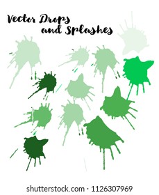 Green Vector Splashes, Hand Painted Watercolor Spots. Indian Holi Festival Elements, Paint Burst, Explosion. Green Holi Paint Splats, Vector Hand Painted Logo. Uneven Texture Graffiti Smears, Button