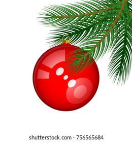 Green Vector Spruce Branch with a Shiny Red Christmas Tree Ball as an Element of New Year's Decor. Green Fir Twig Isolated on White Background.