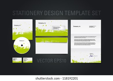 Green vector stationery design template set with hand painted brush strokes texture