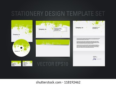 Green vector stationery design template set with hand painted brush strokes texture