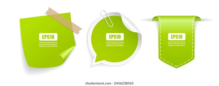 Green vector stickers set, curled up note papers isolated on white background. Simple web design elements for business presentation or website