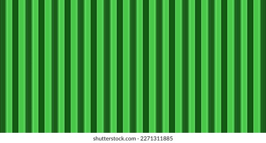 Green vector striped metal wall background. Plastic vertical siding pattern. Metallic roof tile texture. Grooved iron fence backdrop. Wavy repeat construction. Striped horizontal banner, front view
