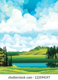 Green vector summer landscape with forest, river and hill on a cloudy sky background