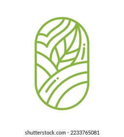 Green vector tea tree leaves for Cafe or Farm Product Label Eco Logo Organic plant design. Round Bauer emblem linear style. Vintage abstract icon for natural products design cosmetics, ecological.