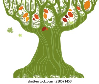 Green vector tree with birds
