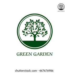 Green vector tree in border. Graphic element.