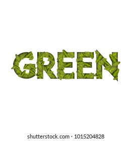 GREEN vector typographic design concept. 3d paper cut eco friendly design. Vector illustration. Paper carving layer green leaves shapes with shadow.