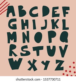 
Green vector uppercase characters on pink background. Unique hand drawn alphabet for logos, typefaces, cards, postcards, banners, book covers, apparel design.