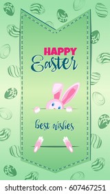 Green vector vertical postcard on Easter holiday with a wish. Stitched parchment with a peeping rabbit against a gradient background and scattered ornamental eggs.