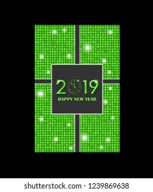 Green vector vintage gift card design with shining rounds background isolated on black. New Year 2019 gift box concept. Vector illustration