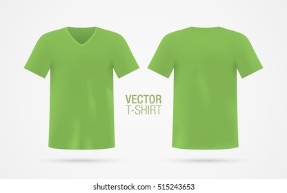 Green vector v-neck t-shirt template. Men's short sleeve t-shirt realistic mockup, isolated on white background. Front & rear sides.
