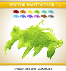 Green Vector Watercolor Artistic Splash for Design and Decoration. In rainbow color variations.  
